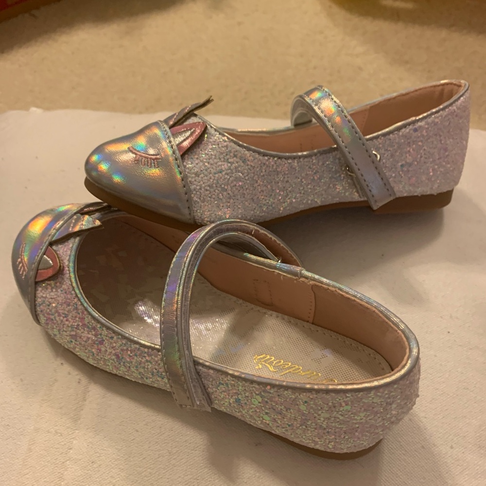 Furdeour Big Girl Mary Jane Unicorn Shoes Size 10 Glitter Halographic Silver